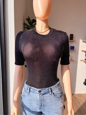 Black Metallic Short-Sleeve Knit Tee